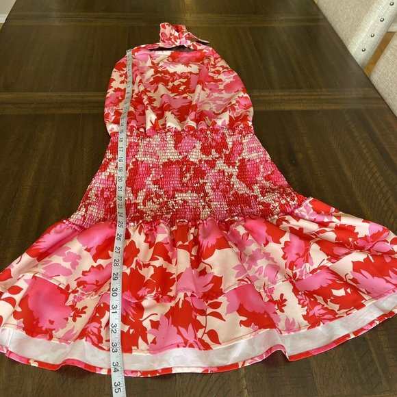 Fiji Fever Pink/Red Floral Smocked Ruffled Hem Mini Dress Medium Barbie Core - Picture 3 of 10